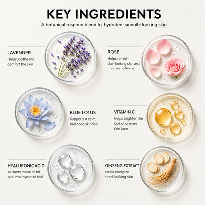 RAFCARE Key Ingredients - Lavender, Rose, Blue Lotus, Vitamin C, Hyaluronic Acid, Ginseng