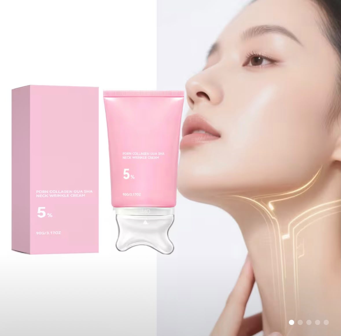 pure Essence Neck Firming Cream with gua sha applicator and pink packaging — 5% Active Firming Complex