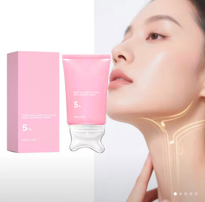 pure Essence Neck Firming Cream with gua sha applicator and pink packaging — 5% Active Firming Complex