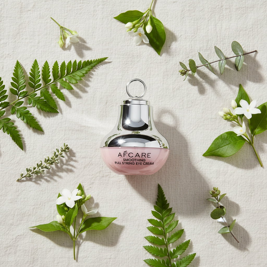 Pure Essence Electric Eye Cream flat lay with green leaves and white flowers