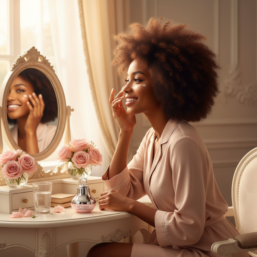 South African woman at vanity applying eye cream