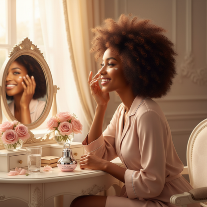 South African woman at vanity applying eye cream